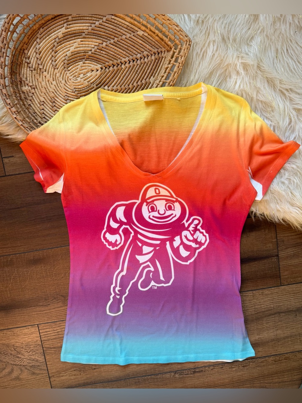 Ohio State Buckeyes Brutus Rainbow Ombré V-Neck Short Sleeve T-Shirt Size Medium